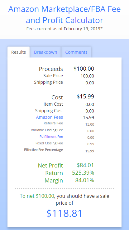 The Amazon fee calculator's results screen via the salecalc.com start page.