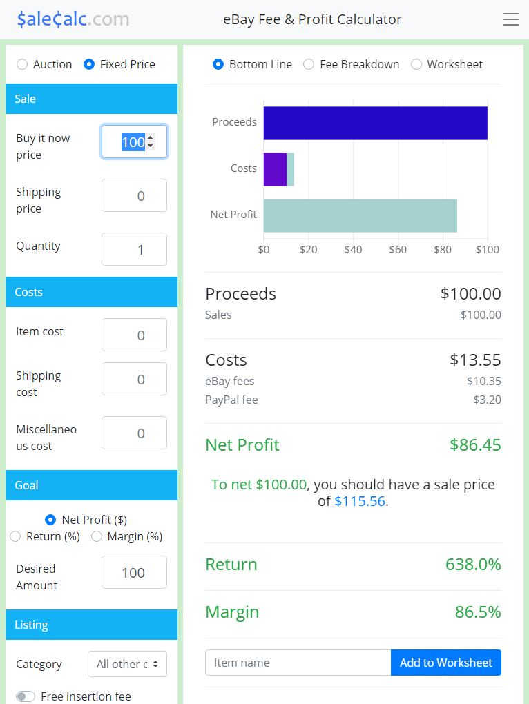 The eBay fee calculator's screen viewed from a desktop browser.