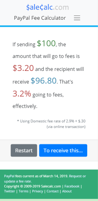 The PayPal fee calculator's results screen viewed from a mobile browser.